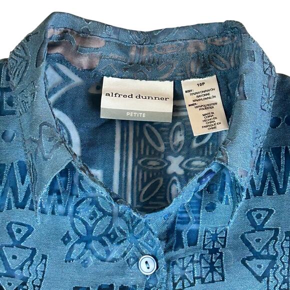 Alfred Dunner Button Up Shirt Petite Size 10P Blue Sheer Geometric Southwestern - Picture 8 of 11